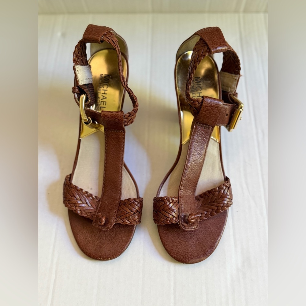 Michael Kors Brown Braided T-Strap Heeled Sandals